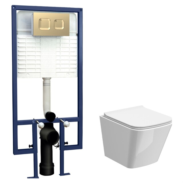 Balterley Hilderstone Contemporary Square Wall Hung Toilet Pan and Seat with Concealed Cistern and Flush Plate with Square Buttons - White/Brushed...