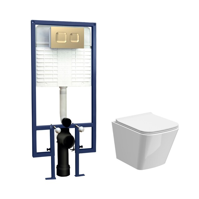 Balterley Hilderstone Contemporary Square Wall Hung Toilet Pan and Seat with Concealed Cistern and Flush Plate with Square Buttons - White/Brushed Brass