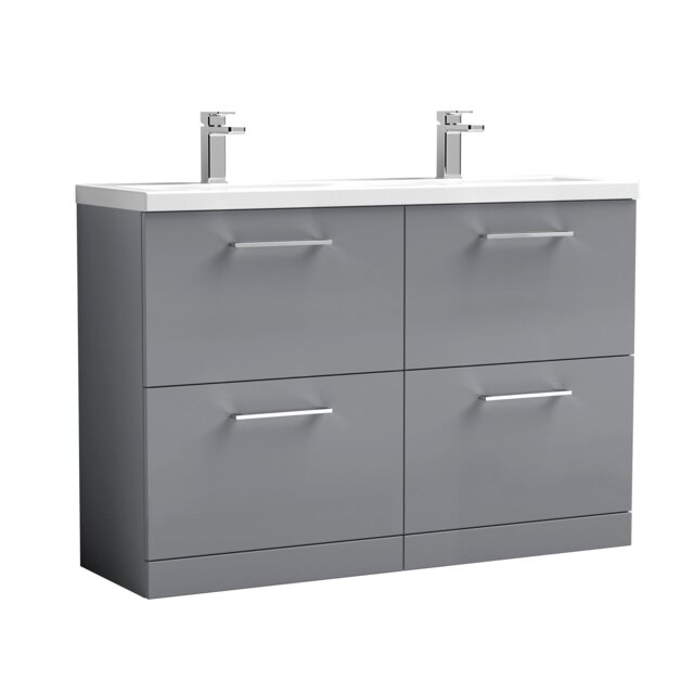 Balterley Level Floor Standing 4 Drawer Vanity Unit with Double Basin for Modern Bathroom Storage Grey Satin Grey