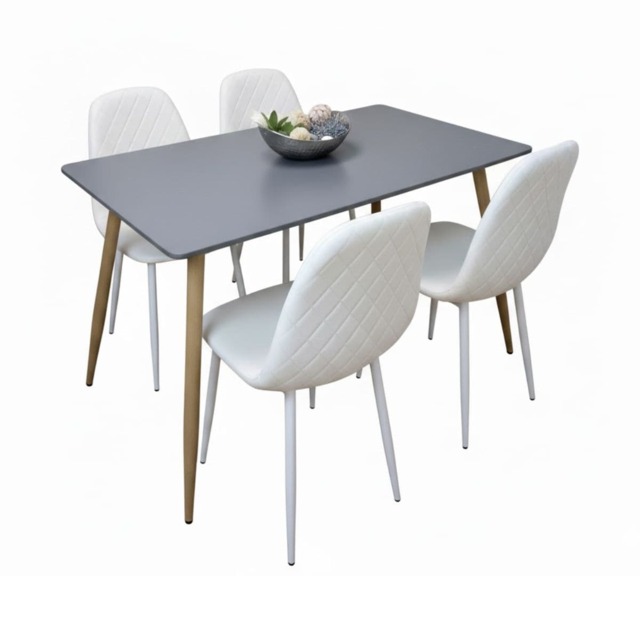 Dining Table Set of 4 Wooden Grey Table with 4 White Gem Patterend Chairs