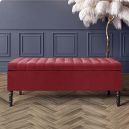 137cm Paris Striped Ottoman Storage Bench- Plush Velvet Shoe Bench - Red Upholstery Footstool with Storage