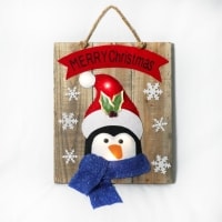 Christmas Home Decoration Battery Operated Novelty Penguin Wooden Frame Wall Decoration with 6 Small Warm White Bulbs