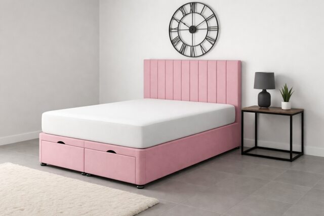 Divan 4ft6 Double Apollo Pink Plush Ottoman Lift Up Storage Bed Set