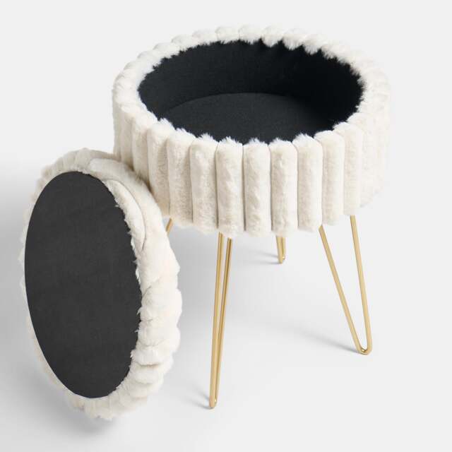 OHS Faux Fur Stool Hairpin Ribbed Fleece Round Vanity Seat Cushioned Foot Rest Chair Cream Cream/Gold