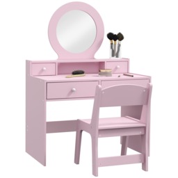 AIYAPLAY Kids Dressing Table with Mirror and Stool, Kids Vanity Table Make up Set with Storage Drawers Gift, Pink Pink Pink
