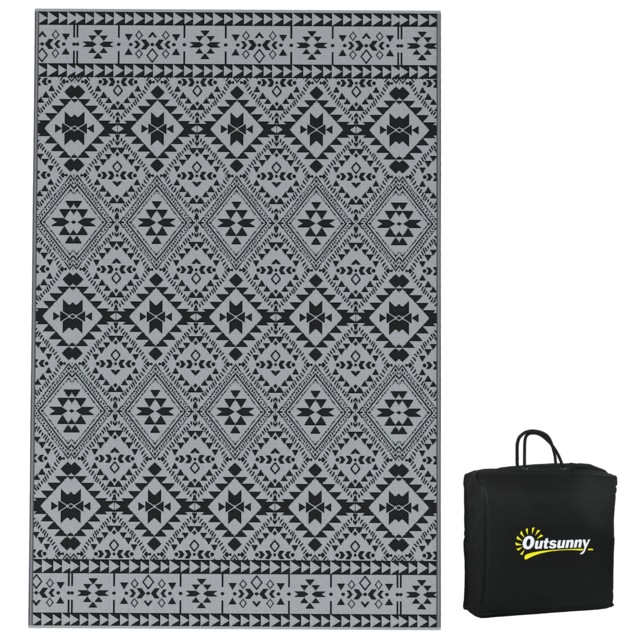 Outsunny Reversible Waterproof Outdoor Rug W/ Carry Bag, 182 x 274cm, Black Grey Black and Grey