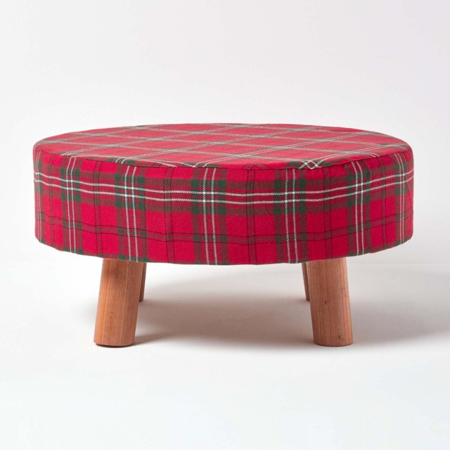 Homescapes Traditional Red, Green and White Tartan Flat Footstool with Legs Red 62 x 62 x 30 cm