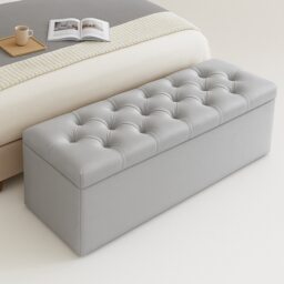 90cm Chesterfield Ottoman Storage Box, Silver Plush Velvet Upholstered Blanket Box, End of Bed Bench, Deep Storage Chest