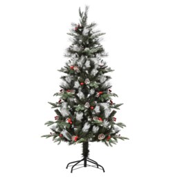 HOMCOM 5FT Artificial Snow Dipped Christmas Tree mas Pencil Tree Holiday Home Party Decoration with Foldable Feet Red Berries White Pinecones, Green