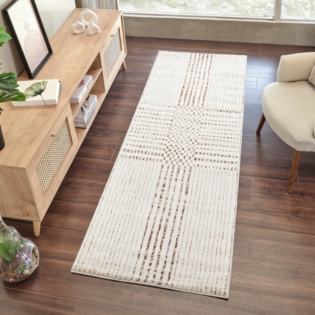 LIVABLISS Galey Alix Architect-Modern Graphic High Pile Rug 80 x 220 cm Ivory Brown