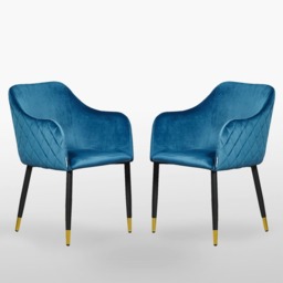 Set of 2 Verona Velvet Dining Chairs with Quilted Back & Black Legs - Modern Accent Chair with Silver Foot Tips Blue