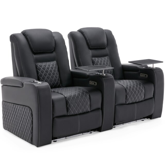 Broadway 2 Seater Cinema Electric Recliner Chair USB LED Base w Tray (Black w White stitching)