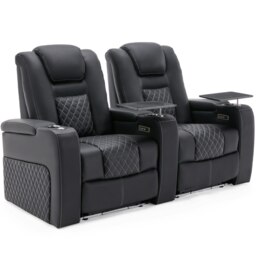 Broadway 2 Seater Cinema Electric Recliner Chair USB LED Base w Tray (Black w White stitching)