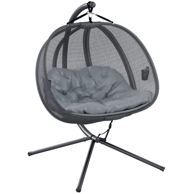 Outsunny Double Hanging Egg Chair 2 Seaters Swing Hammock w/ Cushion, Grey Grey