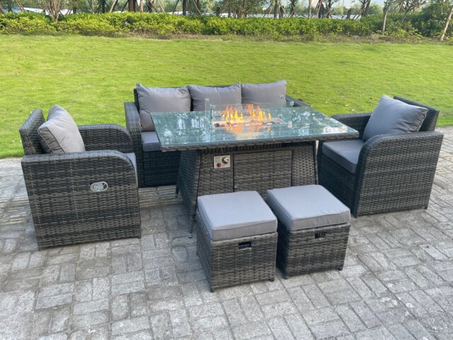 Fimous Dark Mixed Grey Rattan Outdoor Garden Furniture Set Gas Fire Pit Table Gas Heater Dining Table Sets Lounge Sofa Recling Chairs Footstools 7 Seater