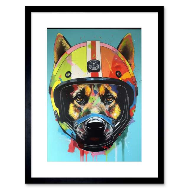 "German Shepherd Wearing Motorbike Helmet Pop 9x7"" Black Framed Wall Art Print"