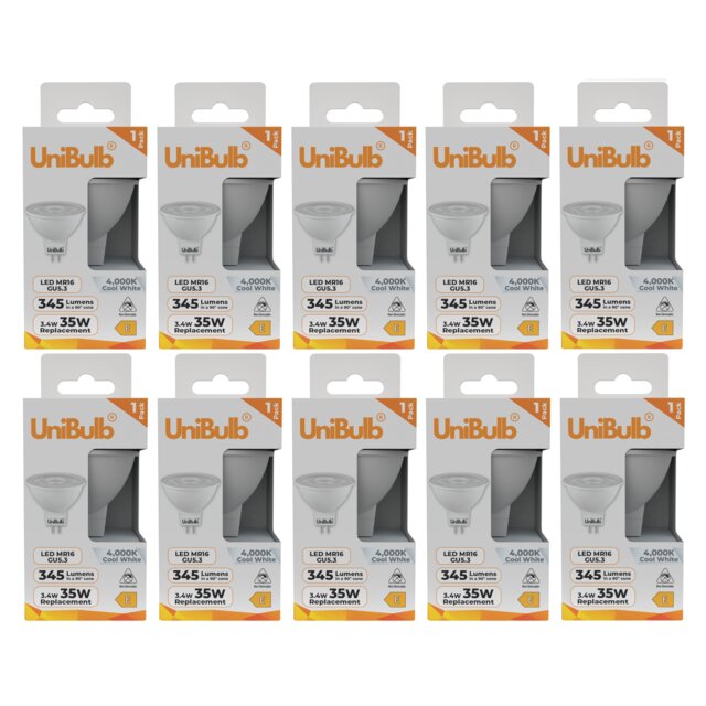 UniBulb LED MR16 GU5.3 345lm 3.4W (Replaces 35W) 4000K (Cool White) Spot Downlight Ceiling Light Bulb - Pack of 10