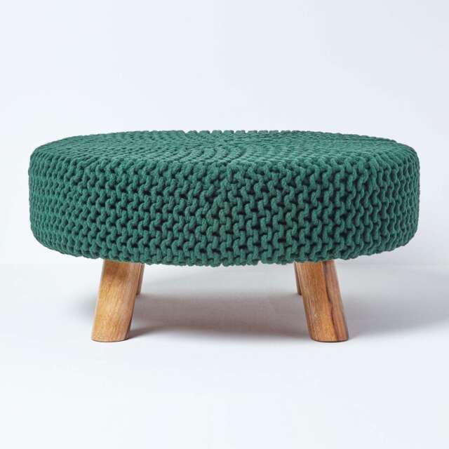 Homescapes Forest Green Large Round Cotton Knitted Footstool on Legs