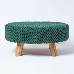 Homescapes Forest Green Large Round Cotton Knitted Footstool on Legs