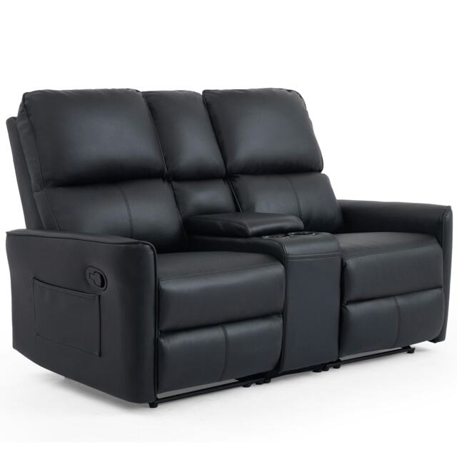 Madrid 2 Seater Manual Recliner Air Leather Sofa w Drinks Console Black Two Seater