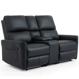 Madrid 2 Seater Manual Recliner Air Leather Sofa w Drinks Console Black Two Seater