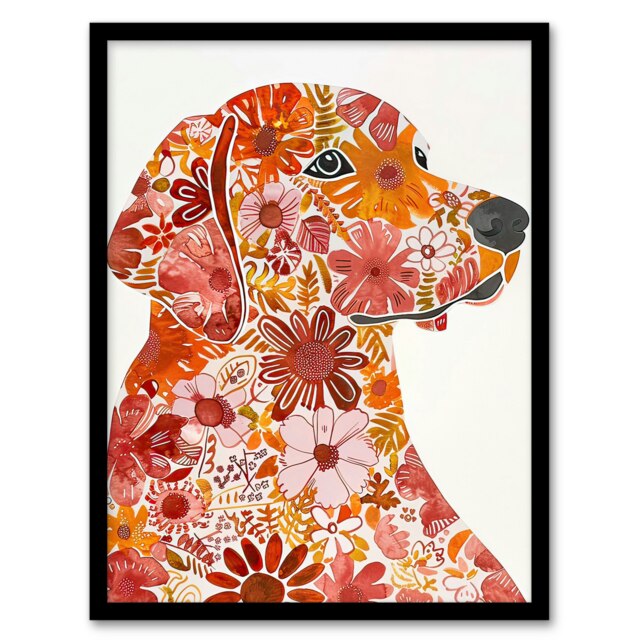 Flower Pattern Red Labrador Dog Lover Portrait Black Framed Wall Art Print A4