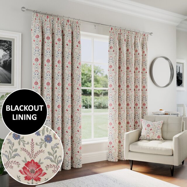 Enhanced Living Red Floral, 100% Blackout, Thermal Curtains with Tape Top Header (PAIR) - 90 x 90 inch (229 x 229cm)