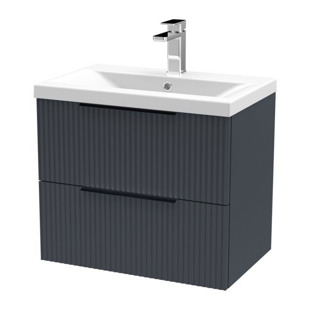 Balterley Fluted Front Wall Hung 2-Drawer Bathroom Vanity Unit with 1 Tap Hole Basin, Handles Grey Soft Black