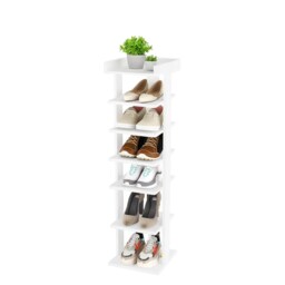 Neo White 7 Tier Wooden Shoe Rack Slim Narrow Storage Cabinet Space-Saving Entryway Bedroom Wardrobe White