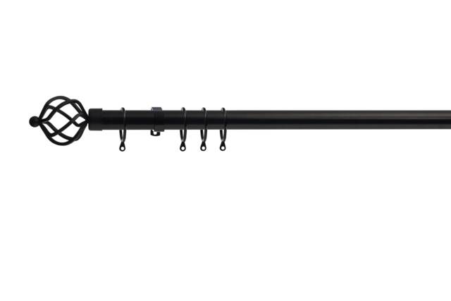 Lister Cartwright 28mm Obsidian Black Fixed Metal Curtain Pole Set Rings with Cage Finial Easy fit (400 cm)