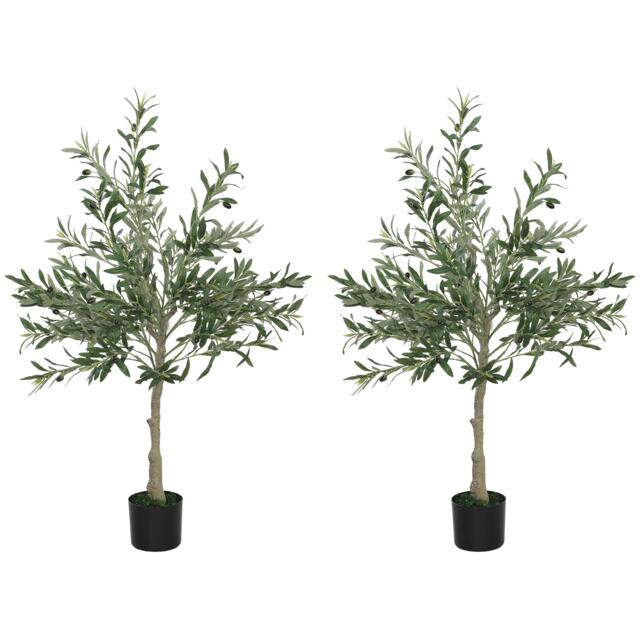 HOMCOM 2 Pack Indoor Artificial Plants, Faux Potted Silk Olive Trees, 120cm Green Green