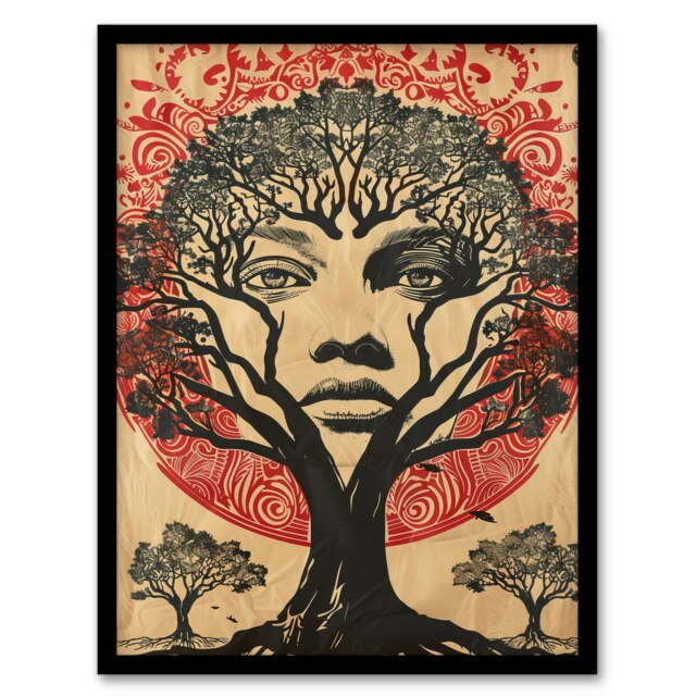 Face Trees Mystic Mother Earth Hippy Tribal Black Framed Wall Art Print A4