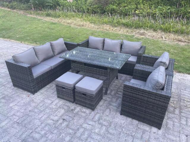 Fimous Outdoor Lounge Sofa Garden Furniture Set Patio Rattan Rectangular Dining Table with 2 Armchair 2 Small Footstools 10 Seater Dark Grey Mixed
