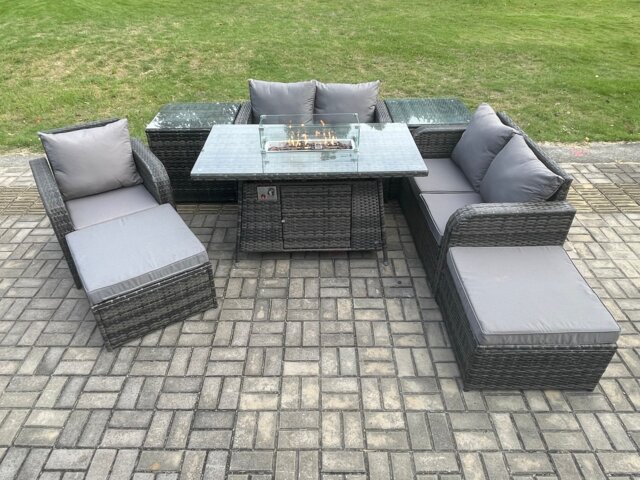 Fimous Outdoor Sofa Rattan Garden Furniture Set Patio Gas Fire Pit Dining Table and Reclining Chair set with 2 Side Tables 2 Big Footstool Dark Grey Mixed