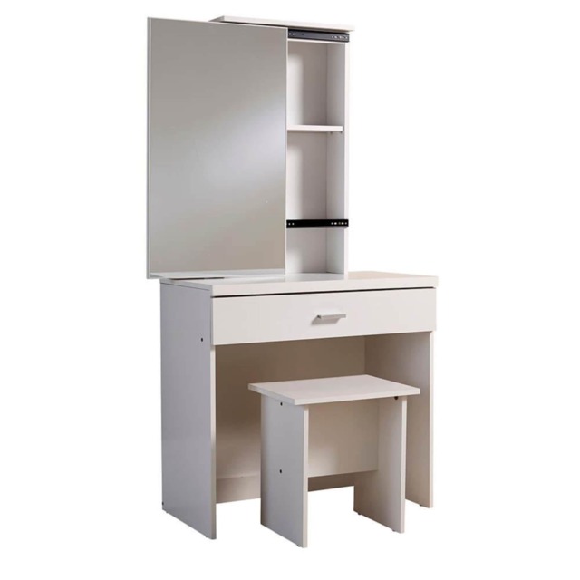 Makeup Dressing Table Set With Sliding Storage Space Vanity Mirror and Stool White