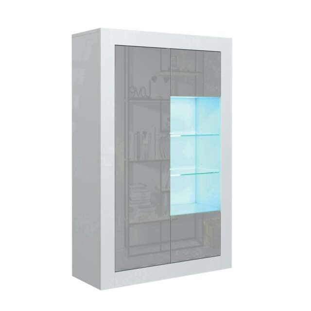 Display Cabinet 93cm Grey Gloss Doors White Matt Body Free LED White Grey