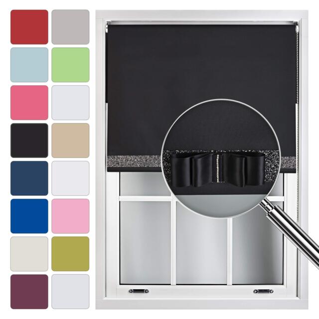 FURNISHED Blackout Roller Blind with Black Glitter Trim and Black Bow Cut to Size Black Black (W) 150cm x (L) 165cm