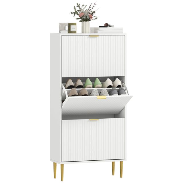HOMCOM Slim Shoe Storage Cabinet with 3 Flip Drawers for Hallway, White White Gold 1