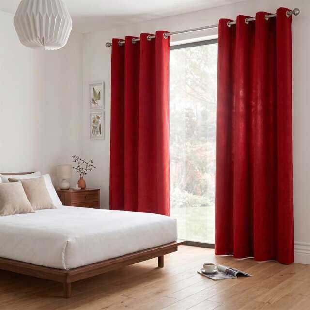 Velvet Chenille Eyelet Curtains Ready Made Pair - 142cm x 229cm - Red