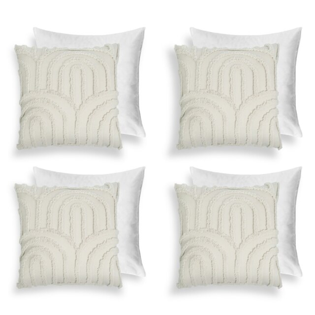 OHS 4 Pack Faux Fur Textured Arch Soft Cosy Plush Tufted Filled Cushions Cream Stone 45 x 45cm 4
