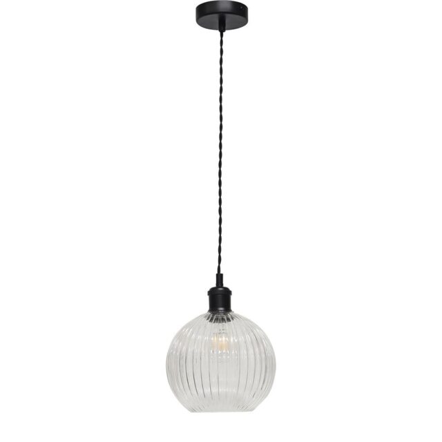 Betchley - Clear Ribbed Glass Globe Black Retro Pendant Fitting