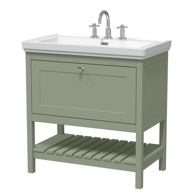 Traditional Furniture Floor Standing 1 Drawer Vanity & 3 Tap Hole Fireclay Basin, 800mm, Fern Green Green