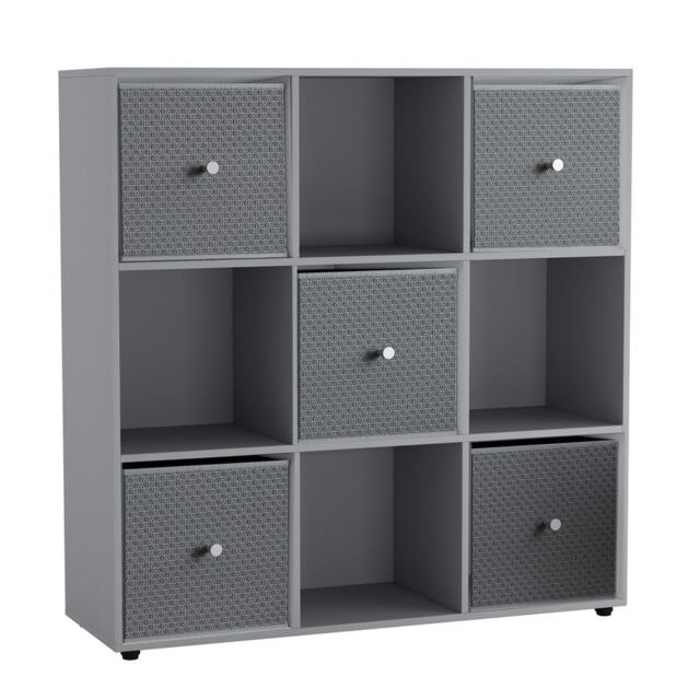 9 Cube Wooden Bookcase Shelving Unit with 5 Collapsible Fabric Drawers Multi Grey & Light Grey 1