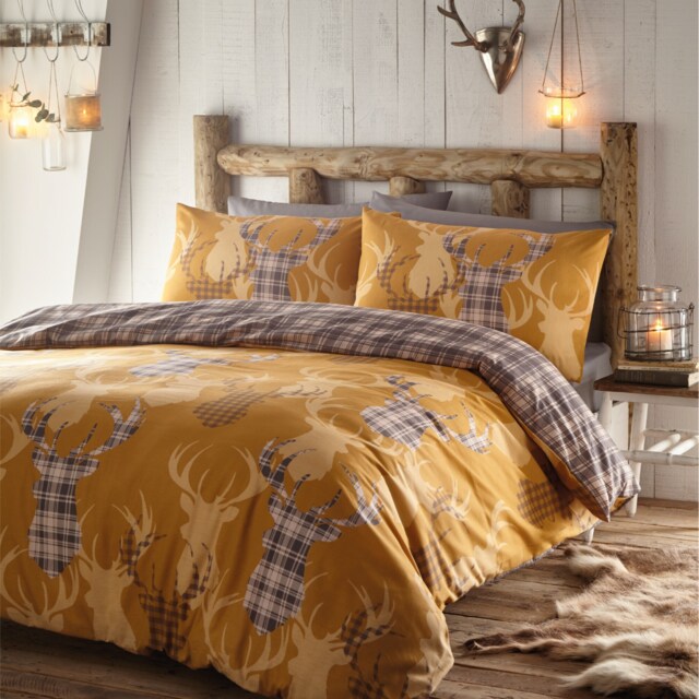 Tartan Stag Soft Easy Care Bed Linen Bedding Duvet Cover Quilt Set With Pillow Cases Yellow Double