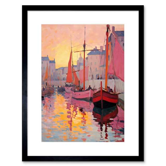 "Sailboats Reflecting Harbour Water 9x7"" Black Framed Wall Art Print"