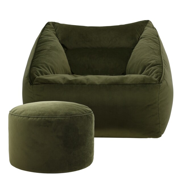 Natalia Velvet Adults Bean Bag Armchair and Pouffe, Ready Filled Large Beanbag and Footstool Olive Green Green Olive Green XL 2