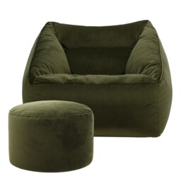 Natalia Velvet Adults Bean Bag Armchair and Pouffe, Ready Filled Large Beanbag and Footstool Olive Green Green Olive Green XL 2