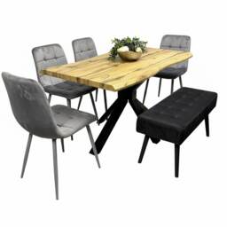 Wooden Dining Table with 4 Grey Velvet Chairs and Black Padded Bench, Dining Room Furniture