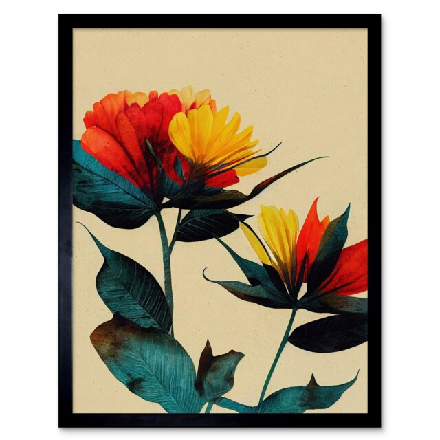 "Botanical Bold Flowering Yellow Red Teal 12x16"" Framed Wall Art Print"