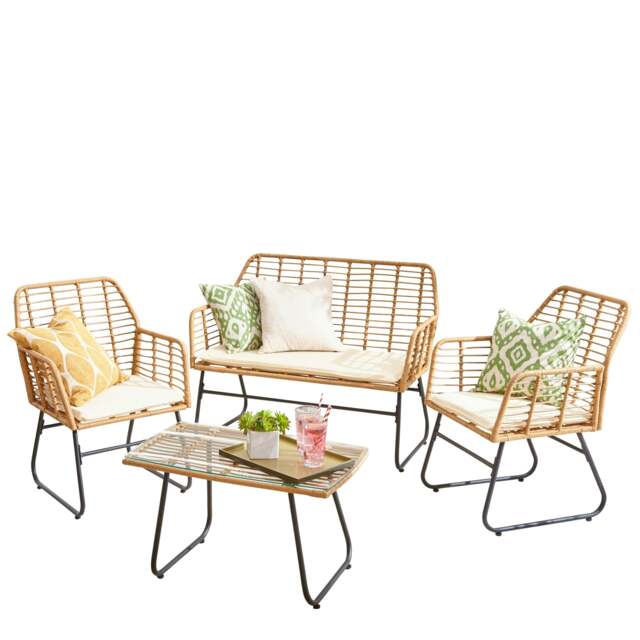 Neo Natural 4 Piece Wicker Bamboo Style Garden Sofa, Table & Chairs Set